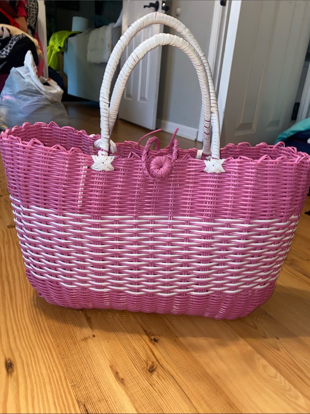 Pink and White Woven Scallop-Top Tote Bag